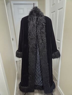 Vintage Penny Lane Nuage Cotton Blend Black Faux Fur Trim Long Coat Witchy